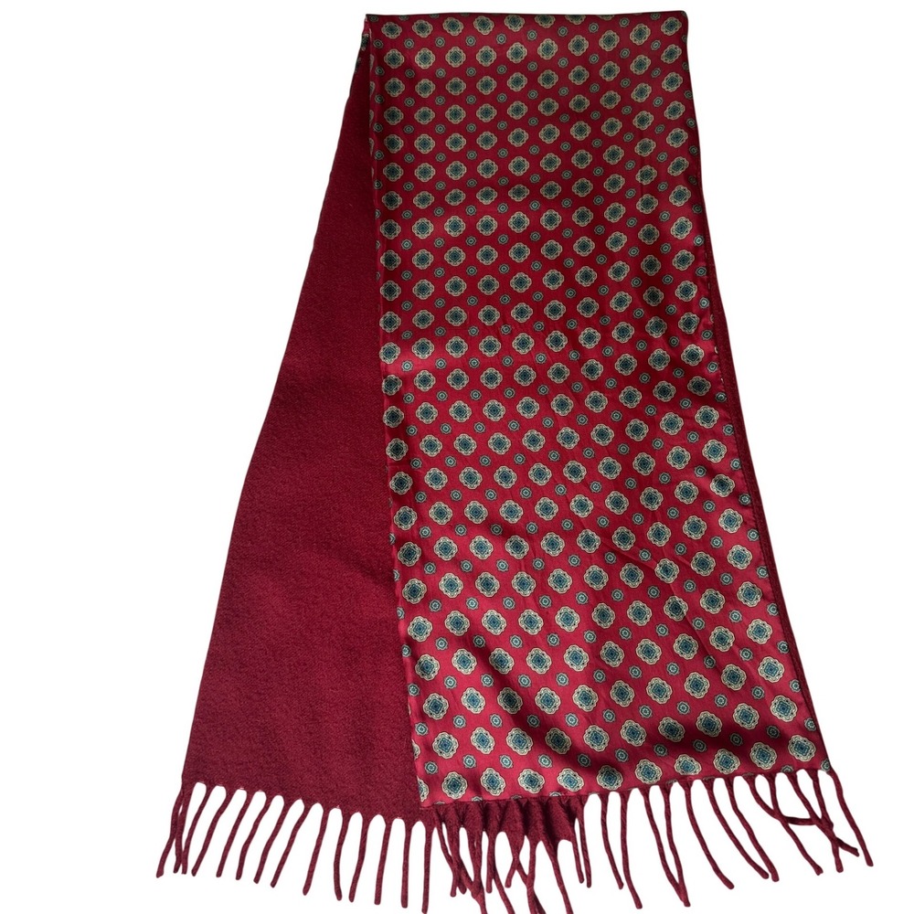 Vintage Red Medallion Double Sided Opera Scarf Silk Wool Blend Fringe Burgundy